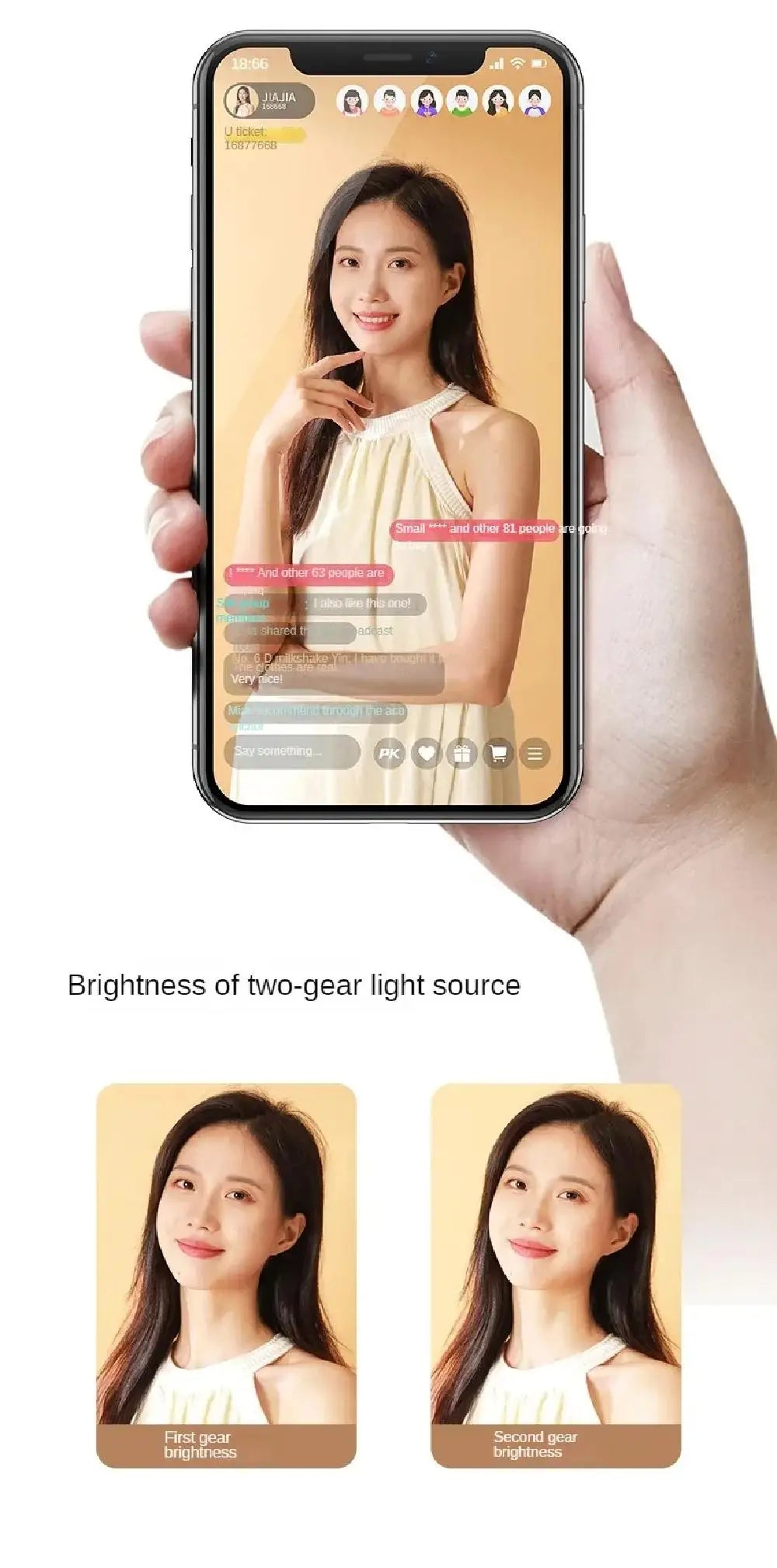 Hand holding a smartphone showing a live stream interface with two adjustable brightness settings for video lighting.