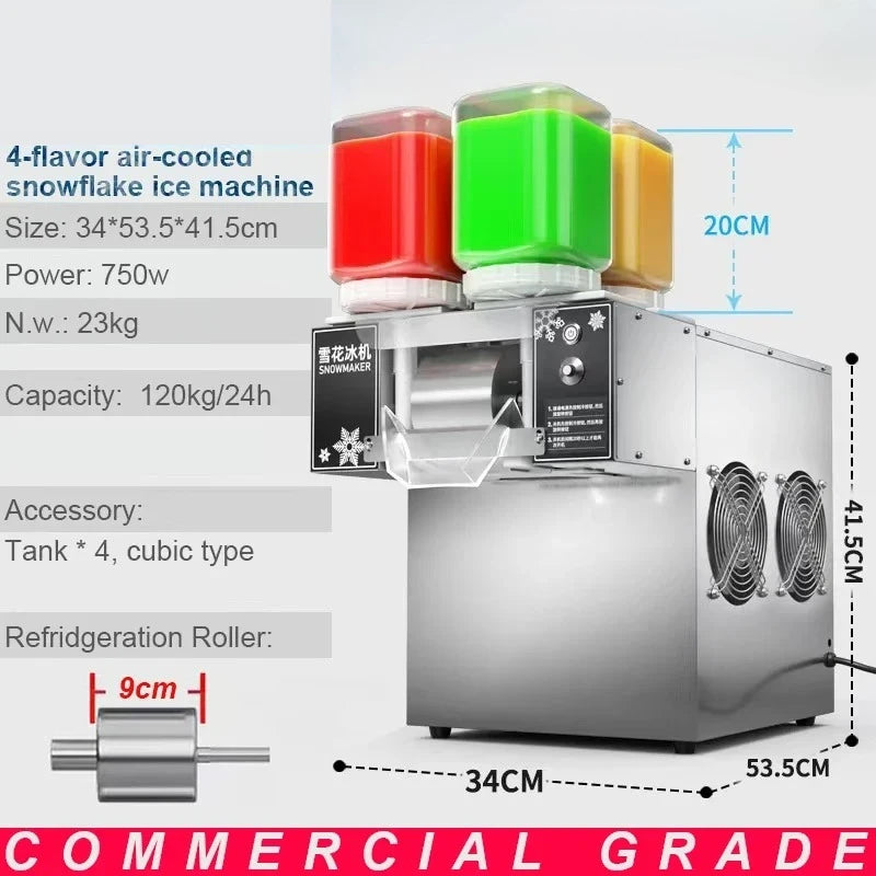 Stainless steel commercial snowflake ice machine with four colourful flavour tanks, cooling fans and silver finish.