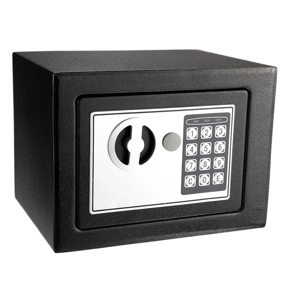 Black steel security safe with a silver faceplate, key lock, and electronic digital keypad.
