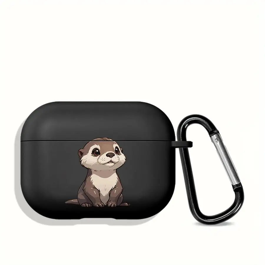 Black silicone AirPods Pro case featuring a cute otter illustration, complete with a matching black carabiner clip.