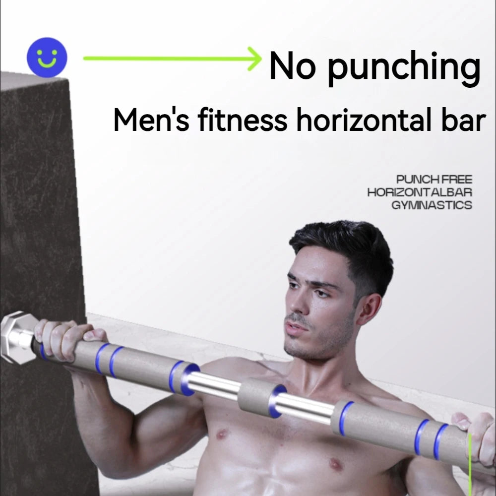 A man using a silver and grey punch-free pull-up bar with blue accents between two walls.