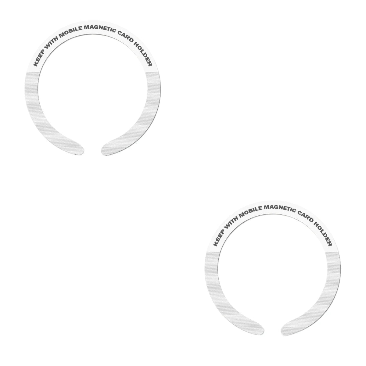 Two white, C-shaped magnetic rings for mobile card holders with black text printed along the top edge.
