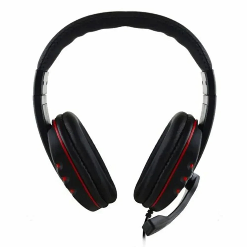 Black wired gaming headset with cushioned ear cups, red accents, an adjustable headband, and a built-in microphone.