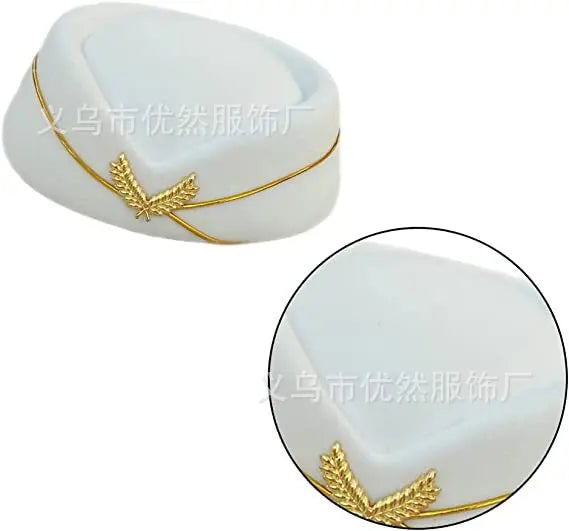 White vintage-style stewardess pillbox hat featuring gold-tone trim and a central leaf-shaped emblem.