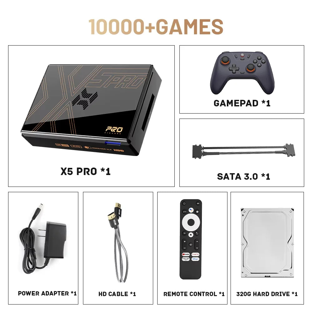 Black Kinhank Super Console X5 Pro retro video game console bundle with black gamepad, hard drive, and cables.