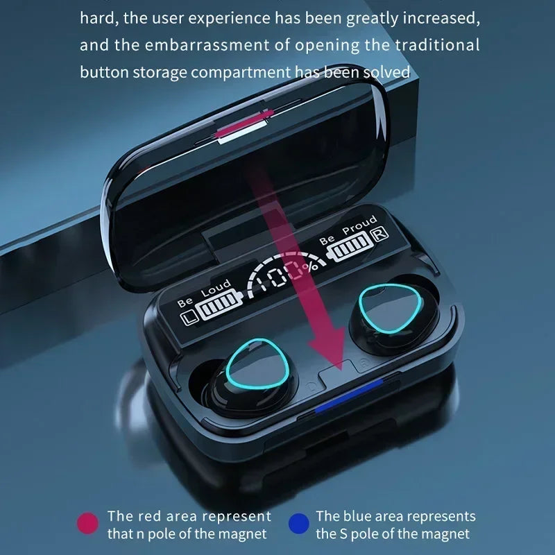 Black wireless earbuds in an open charging case with a digital battery display screen showing charging levels.