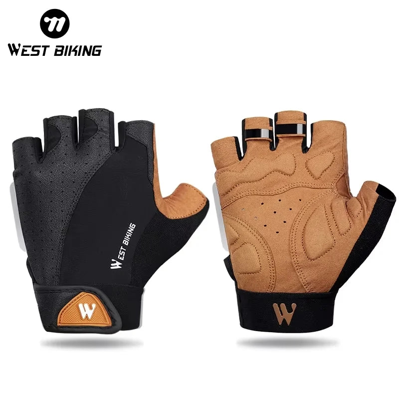 West Biking fingerless cycling gloves in black and tan, featuring padded palms and a Velcro wrist strap.