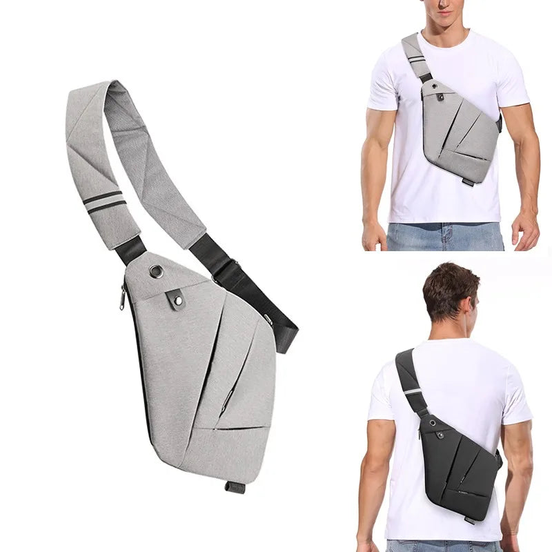 Grey and black slimline crossbody messenger bags worn by a model, featuring anti-theft, ergonomic waterproof design.