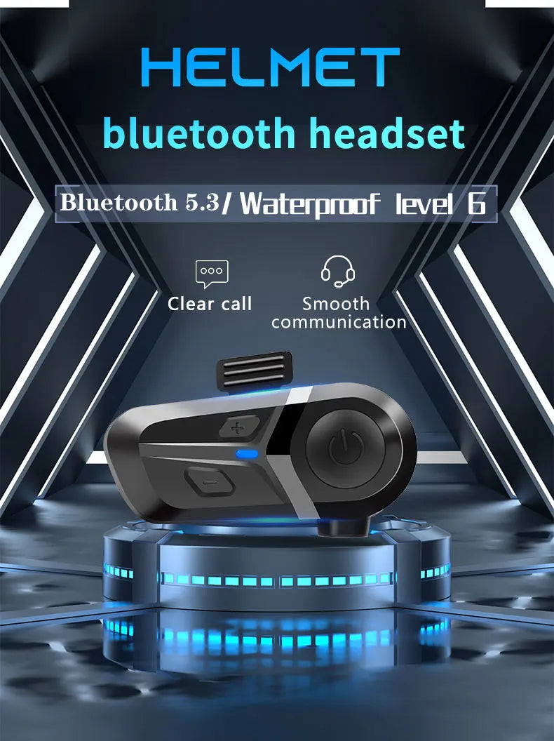 Sleek black wireless motorcycle helmet headset with Bluetooth 5.3, waterproof design, and easy-access control buttons.