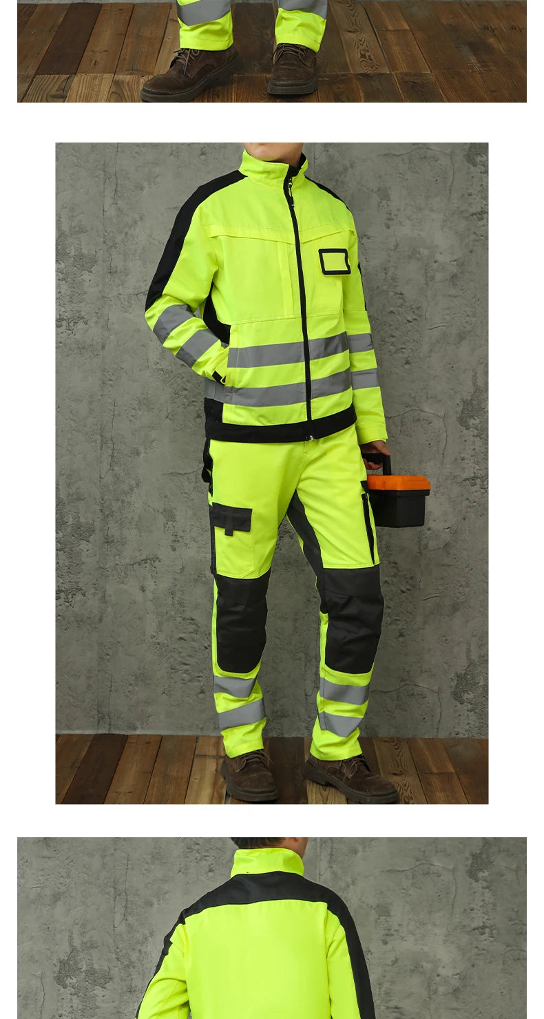 High-visibility yellow and black workwear set with reflective strips, multiple pockets, and a zippered jacket.