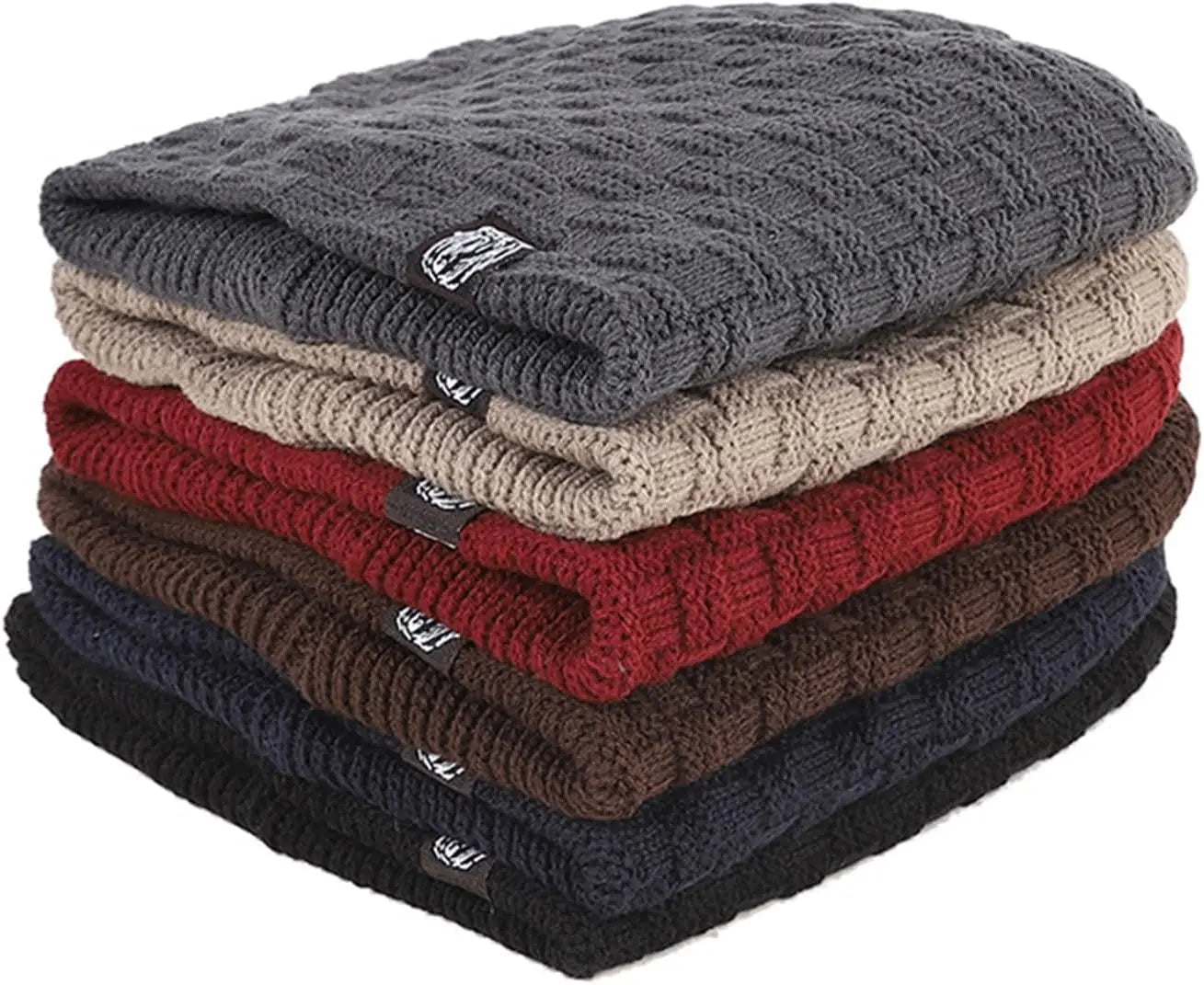A stack of unisex cable-knit winter beanies in charcoal, beige, red, brown, navy, and black.