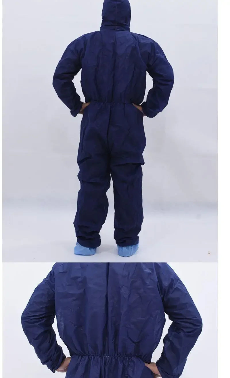 Navy blue hooded disposable protective coverall made of lightweight material with an elastic waist.