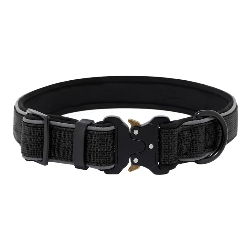 Wide black nylon dog collar with reflective strips, a heavy-duty metal buckle, and a D-ring.