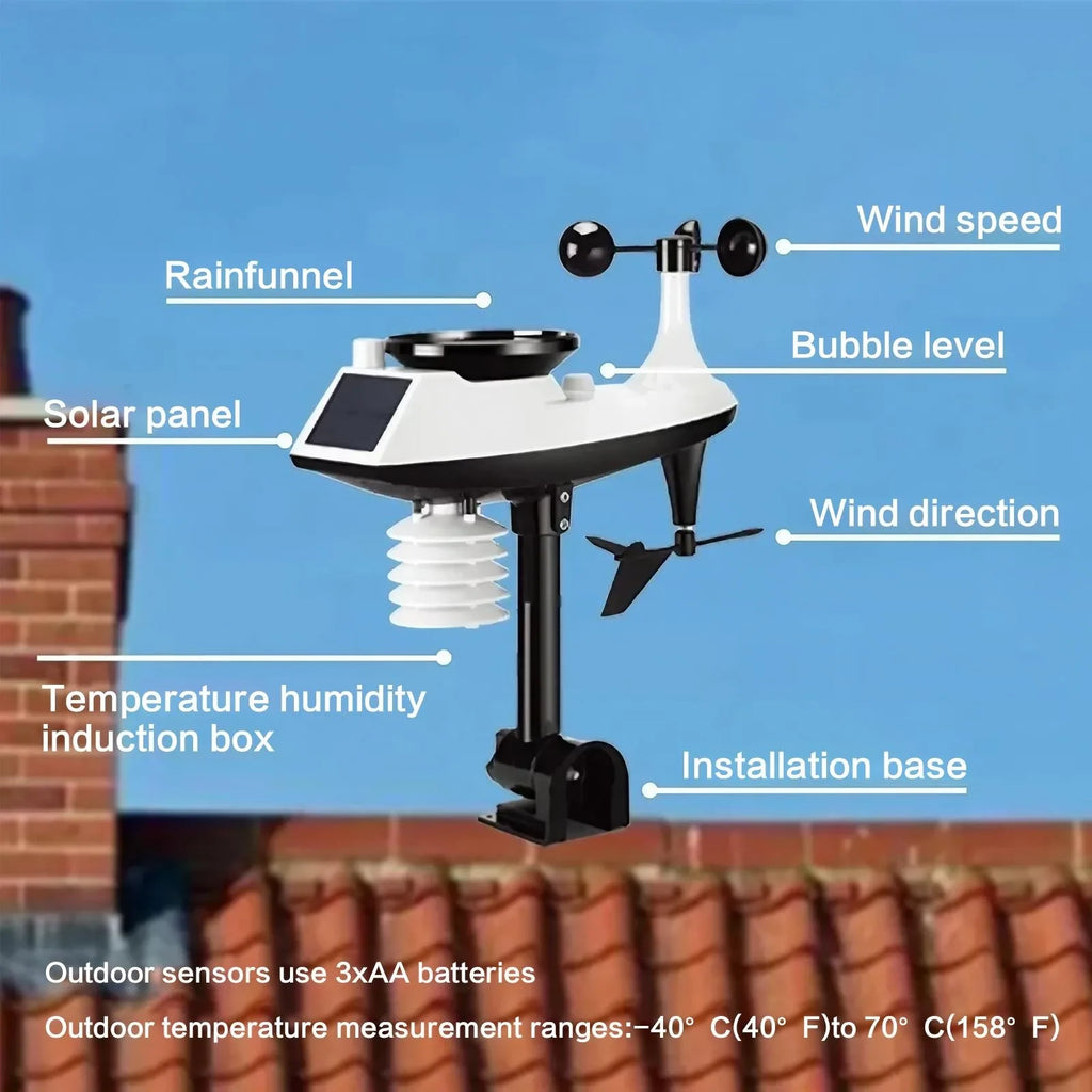 White and black smart weather station featuring sensors for wind, rain, temperature, humidity and a solar panel.