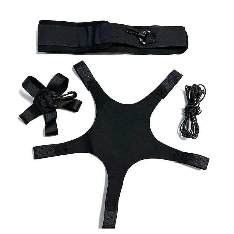 Black elastic workout resistance set featuring a star-shaped chest harness, adjustable waist strap, and tether cord.