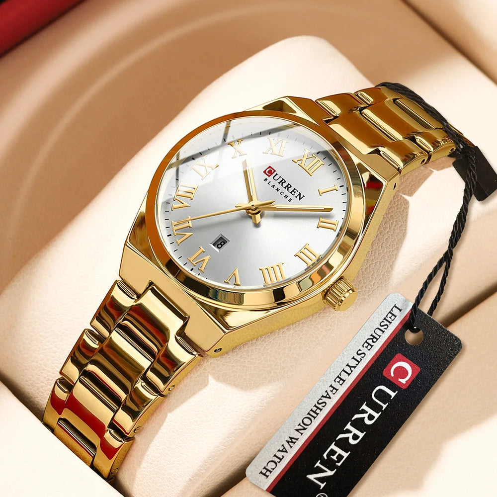 Curren gold stainless steel women's watch with a white dial, Roman numerals, and a link bracelet.