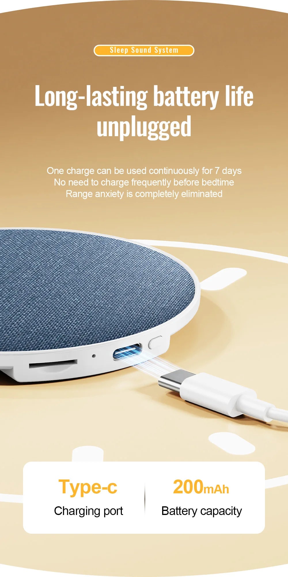 Round, fabric-covered wireless pillow speaker in blue and white, featuring a Type-C charging port for easy recharging.