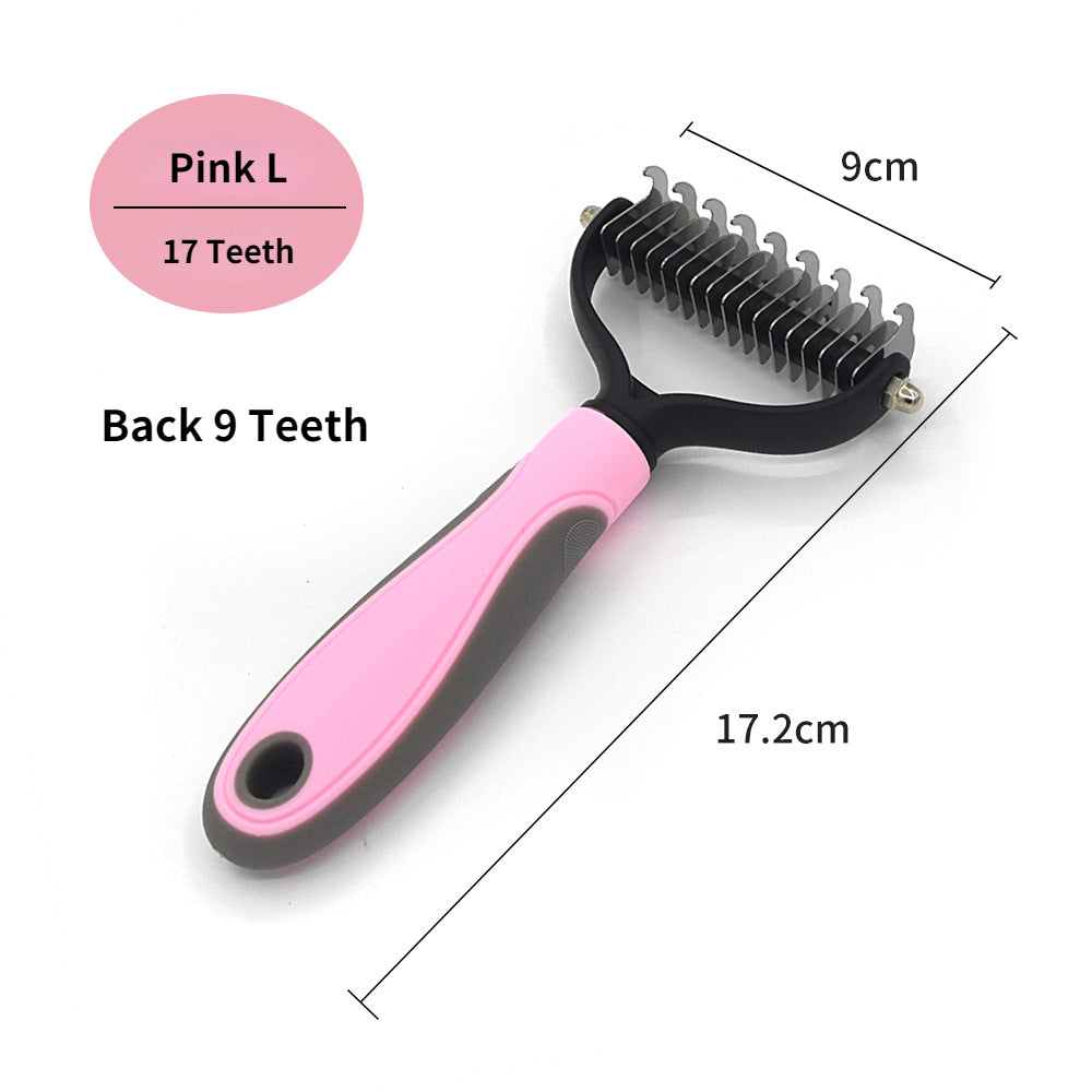 Pink and grey pet grooming dematting tool with 17 front and 9 back metal teeth, showing dimensions 9cm by 17.2cm.