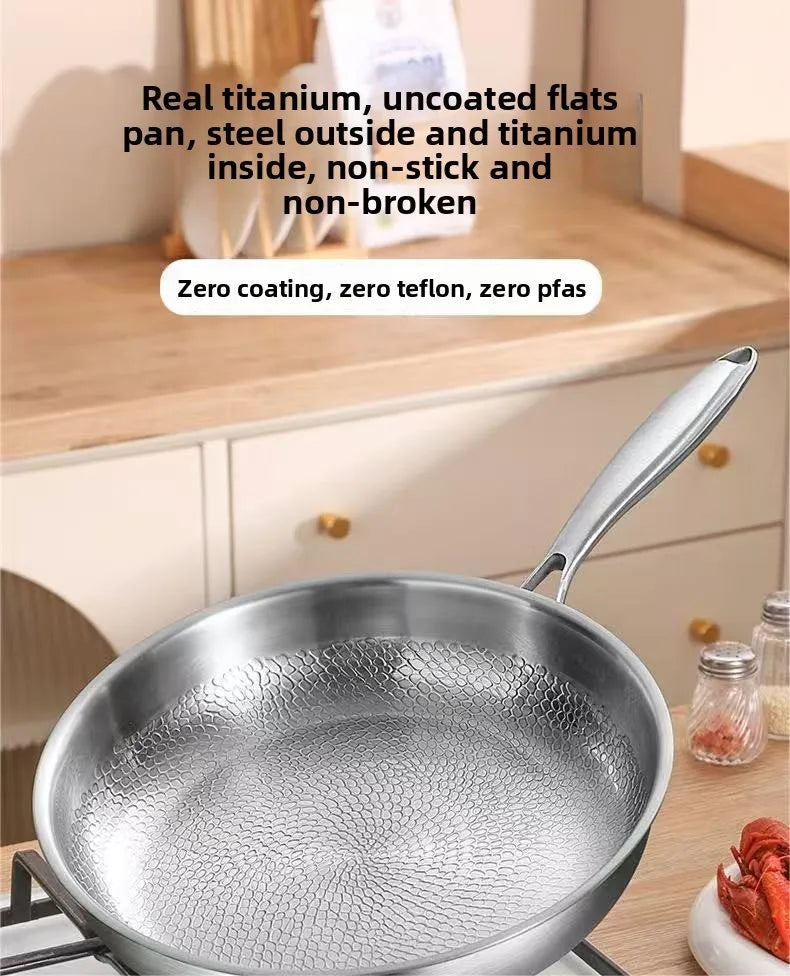 Silver stainless steel frying pan with a textured, honeycomb interior pattern on a stove.