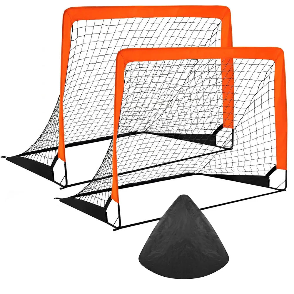 Two orange and black foldable football goals with black netting and a black storage cone.