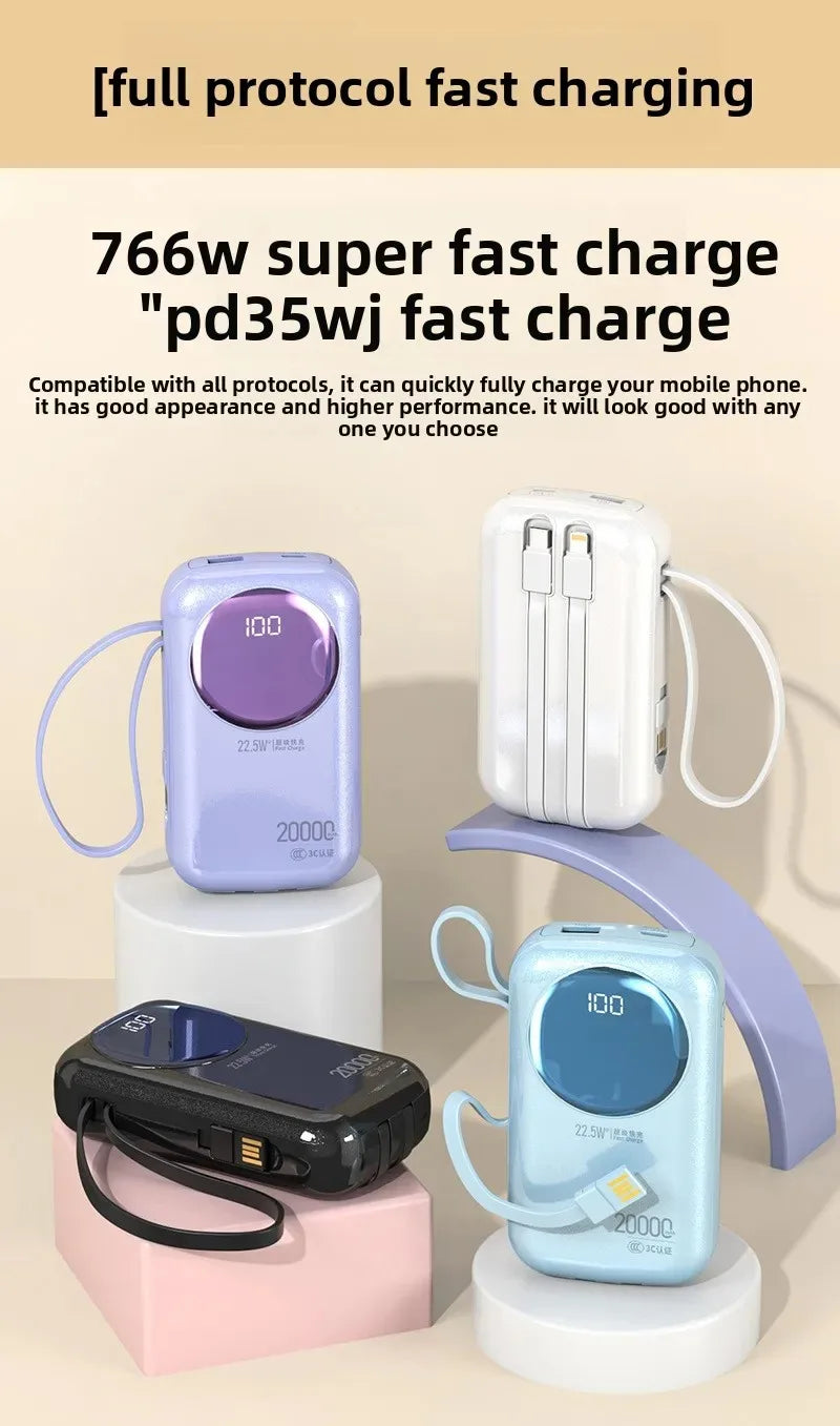 Four 20000mAh portable power banks in purple, white, black, and blue, featuring built-in cables and digital displays.