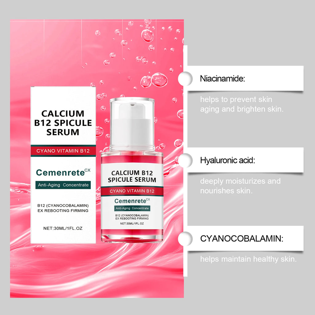 Calcium B12 Spicule anti-aging serum in a pink pump bottle with its box, against a vibrant pink liquid background.
