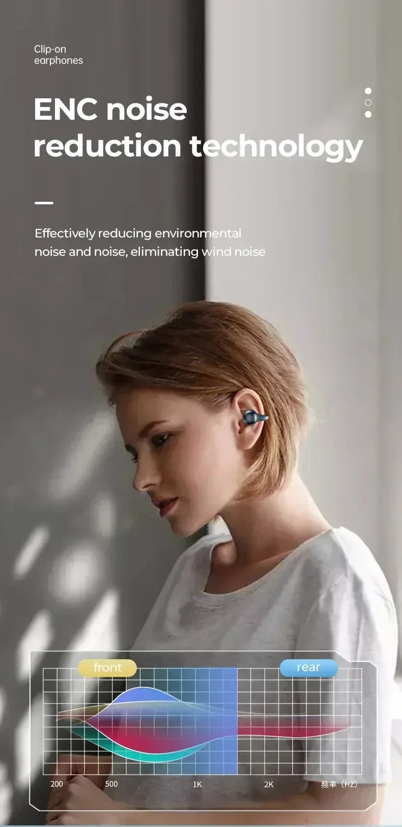 A woman wears a sleek, dark grey clip-on earphone featuring noise-reduction technology.