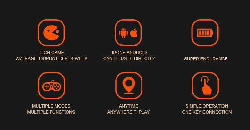Infographic showing six orange icons on a black background, highlighting VR headset gaming features and compatibility.