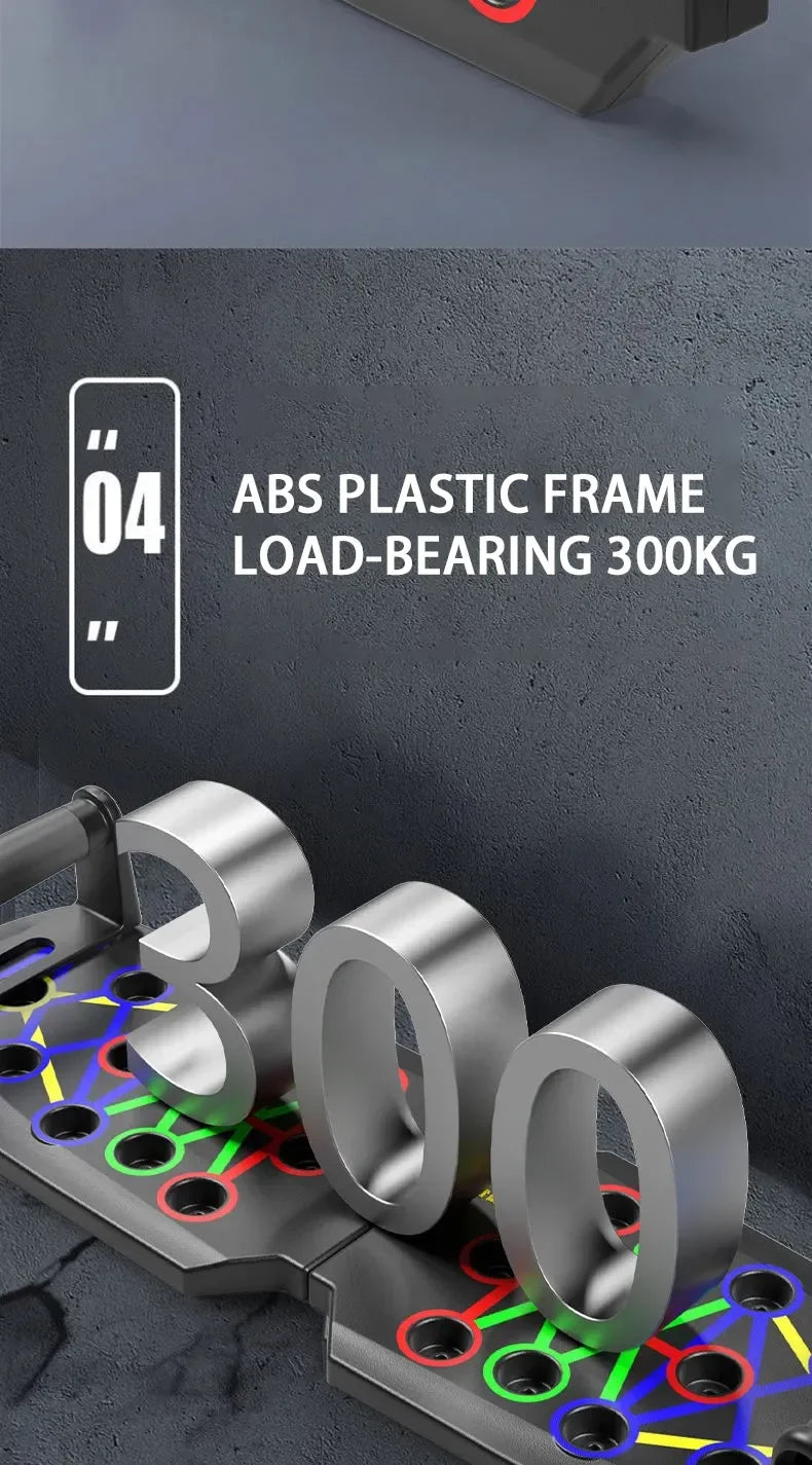 Black foldable push-up board with colourful handle slots and a 300kg load-bearing capacity.