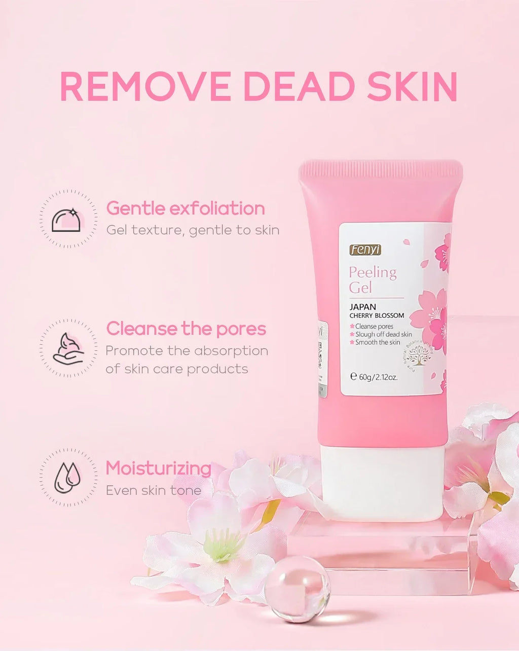Pink tube of cherry blossom exfoliating peeling gel, surrounded by pink flowers, highlighting skin benefits.