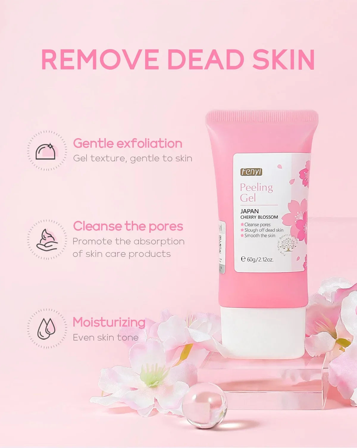 Pink tube of cherry blossom exfoliating peeling gel, surrounded by pink flowers, highlighting skin benefits.