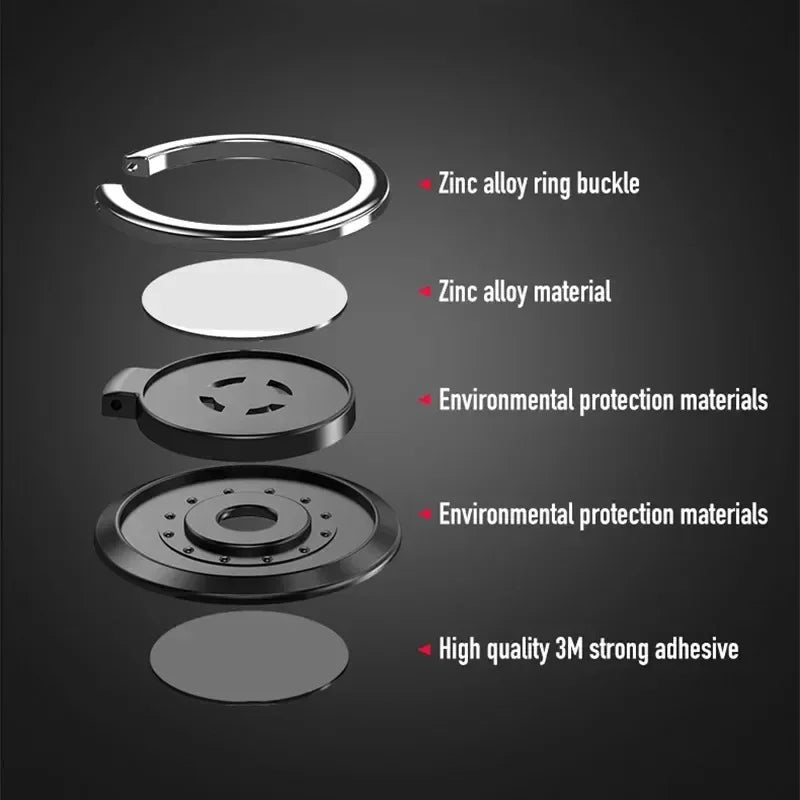 Exploded view of a circular, black and silver zinc alloy phone ring holder with a strong adhesive backing.