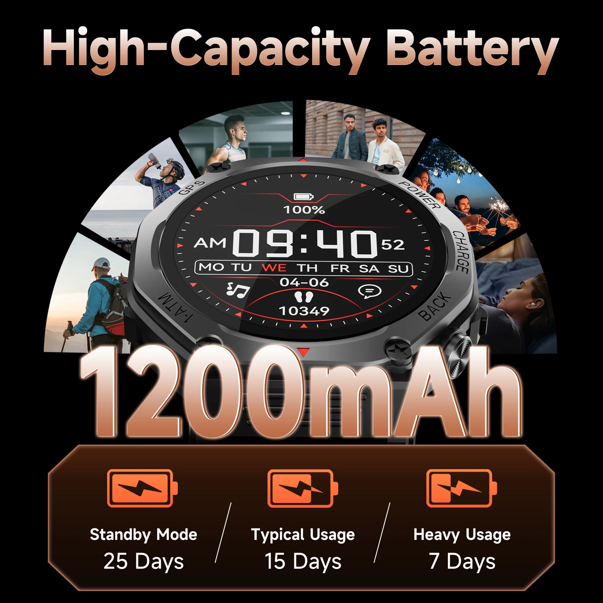 Rugged black smartwatch with digital display, highlighting its long-lasting 1200mAh battery life and active lifestyle use.
