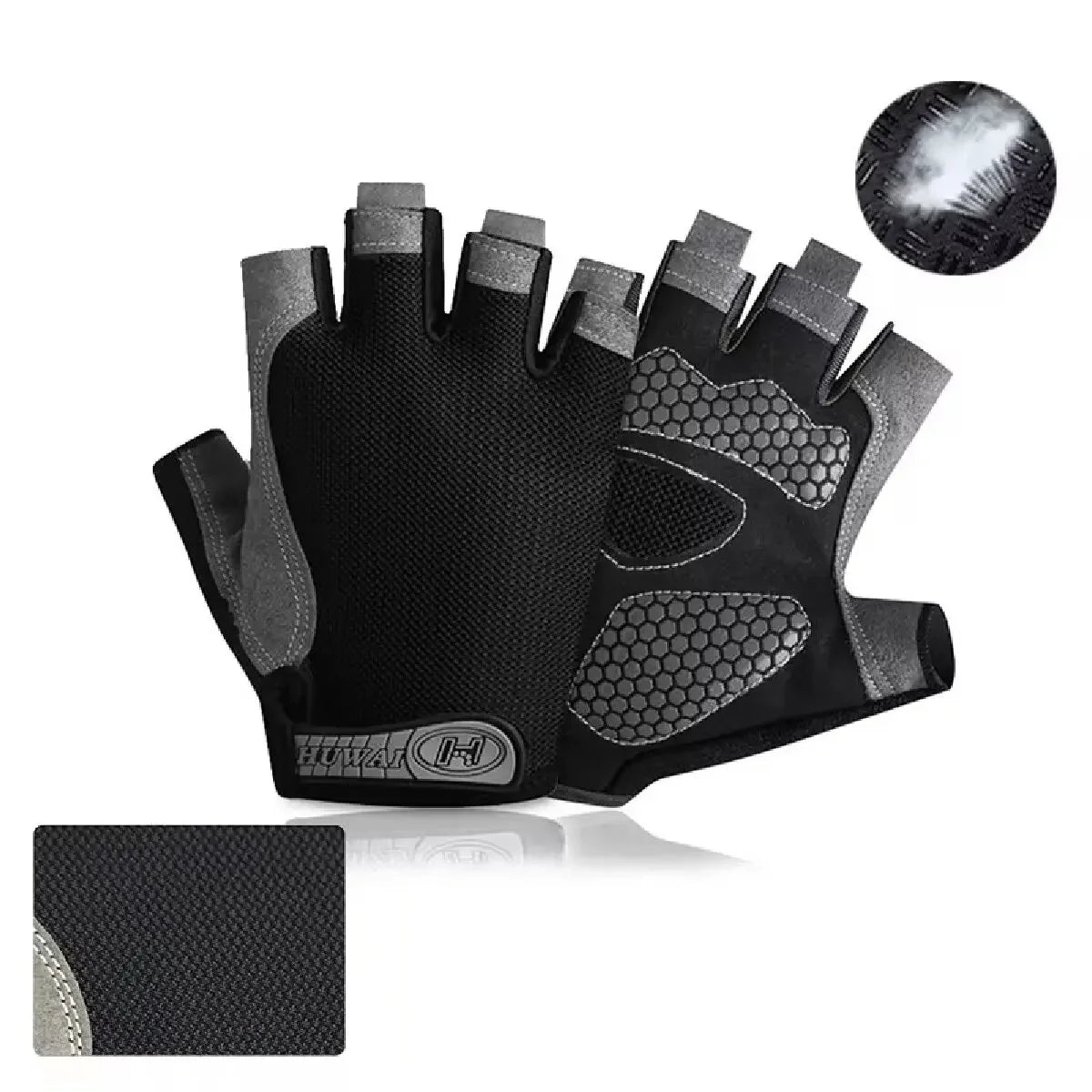 Black and grey fingerless cycling gloves with mesh fabric, padded honeycomb palms, and pull tabs.