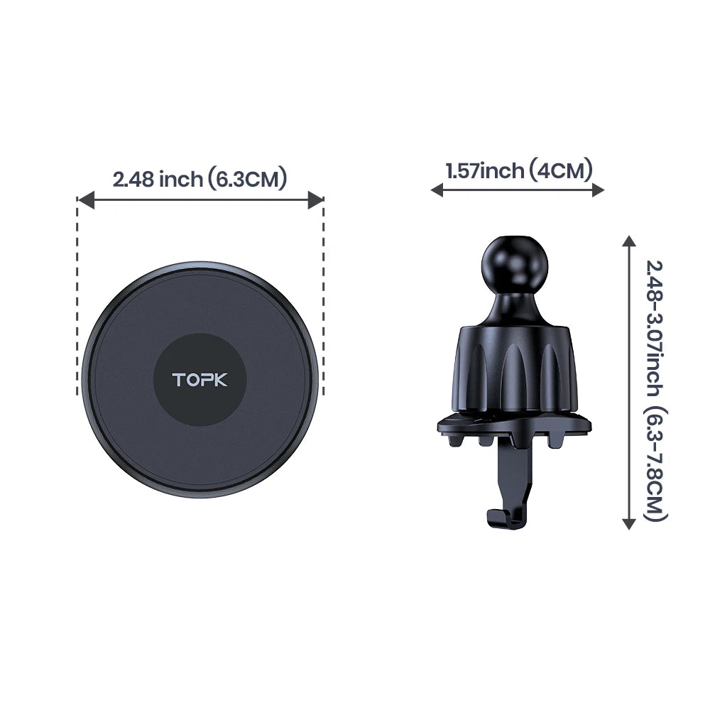 Black magnetic car phone mount with a round face and hook-style vent clip, shown with labeled dimension measurements.