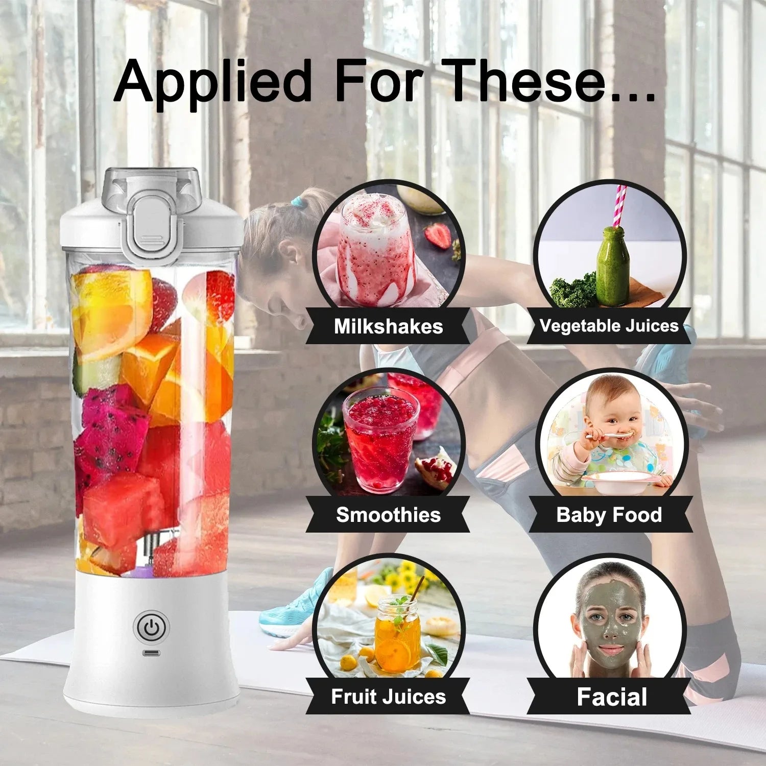 Portable white electric blender bottle filled with sliced fruit, with inset images showing its varied uses.