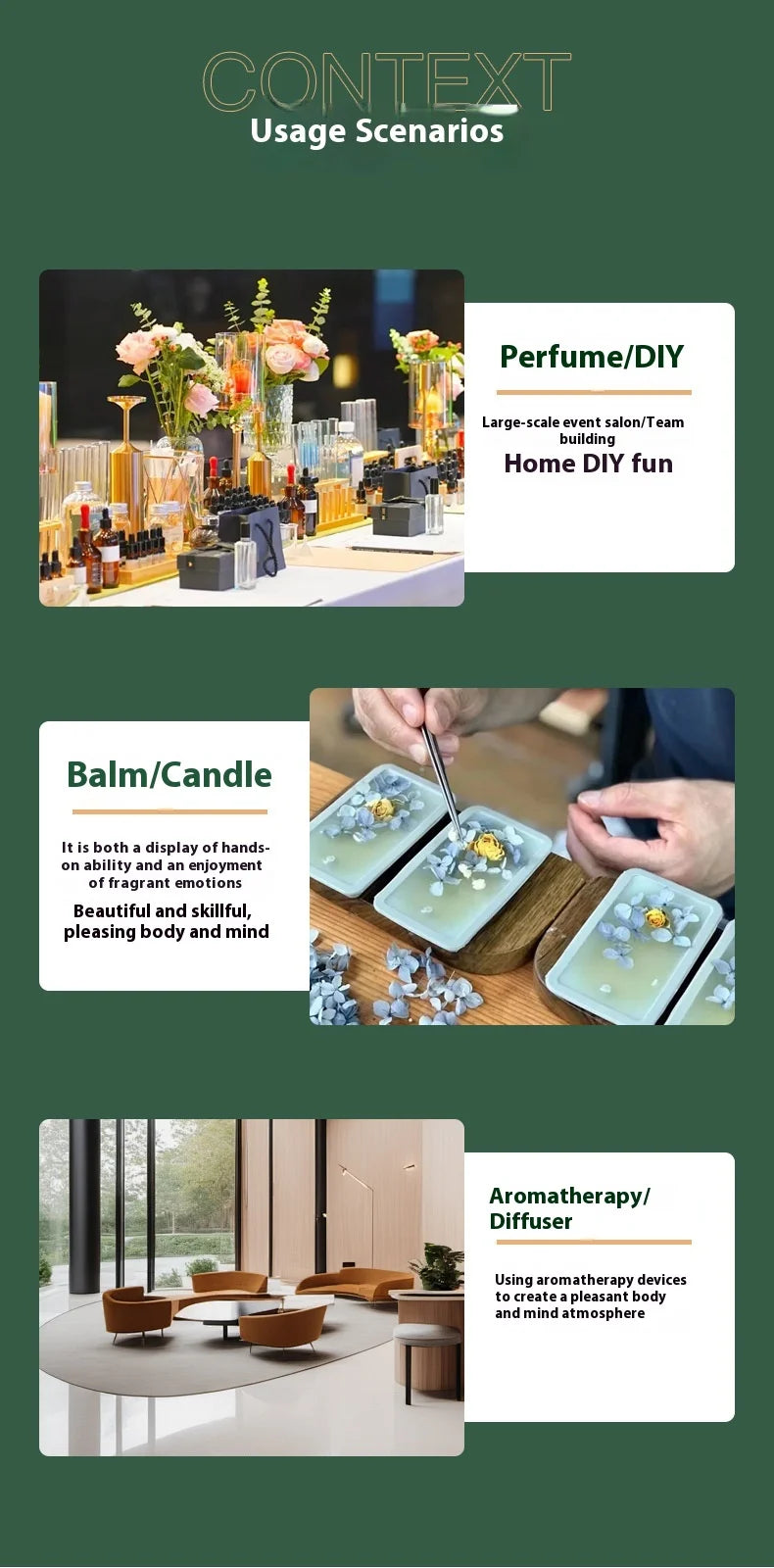 Infographic showing usage scenarios for DIY perfume, floral wax balm making, and aromatherapy diffuser settings.