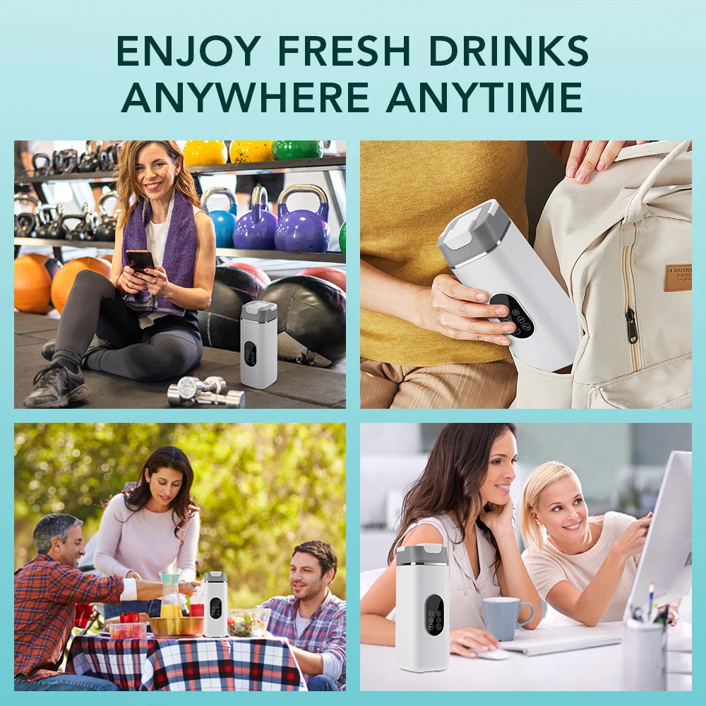 A sleek, portable white blender with a digital display, shown in lifestyle settings like a gym, picnic, and office.