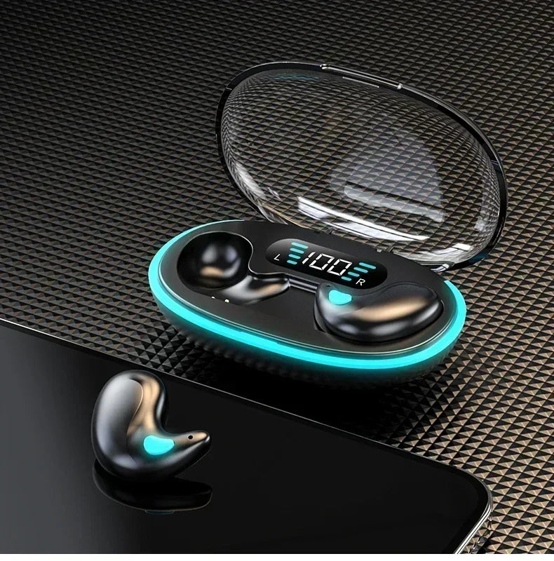 Black wireless earbuds with teal light accents, in a sleek charging case with a digital battery display.