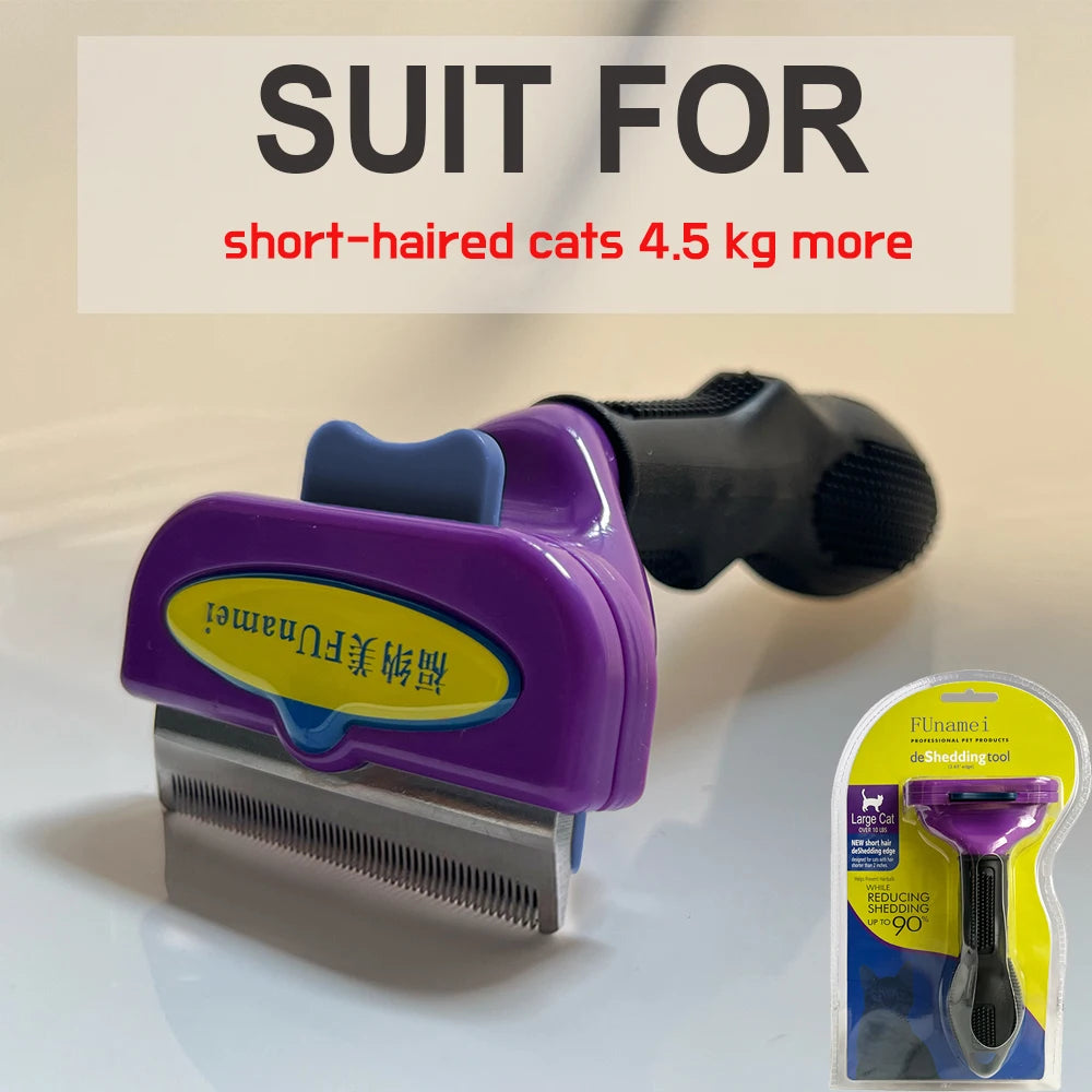 Purple and black de-shedding tool for large short-haired cats, featuring a metal blade and ergonomic grip.