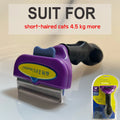 Purple and black de-shedding tool for large short-haired cats, featuring a metal blade and ergonomic grip.