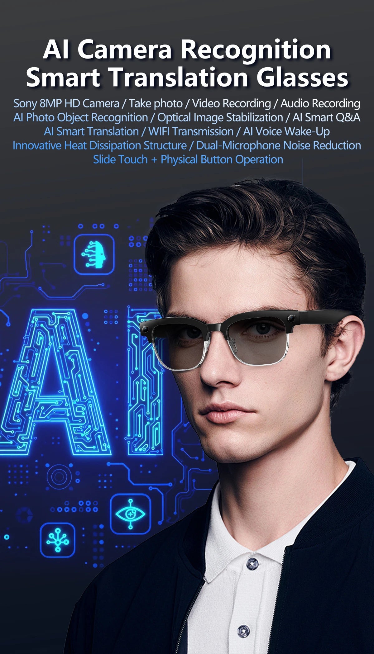 Man wearing black smart glasses with a camera, featuring an AI-themed digital background.