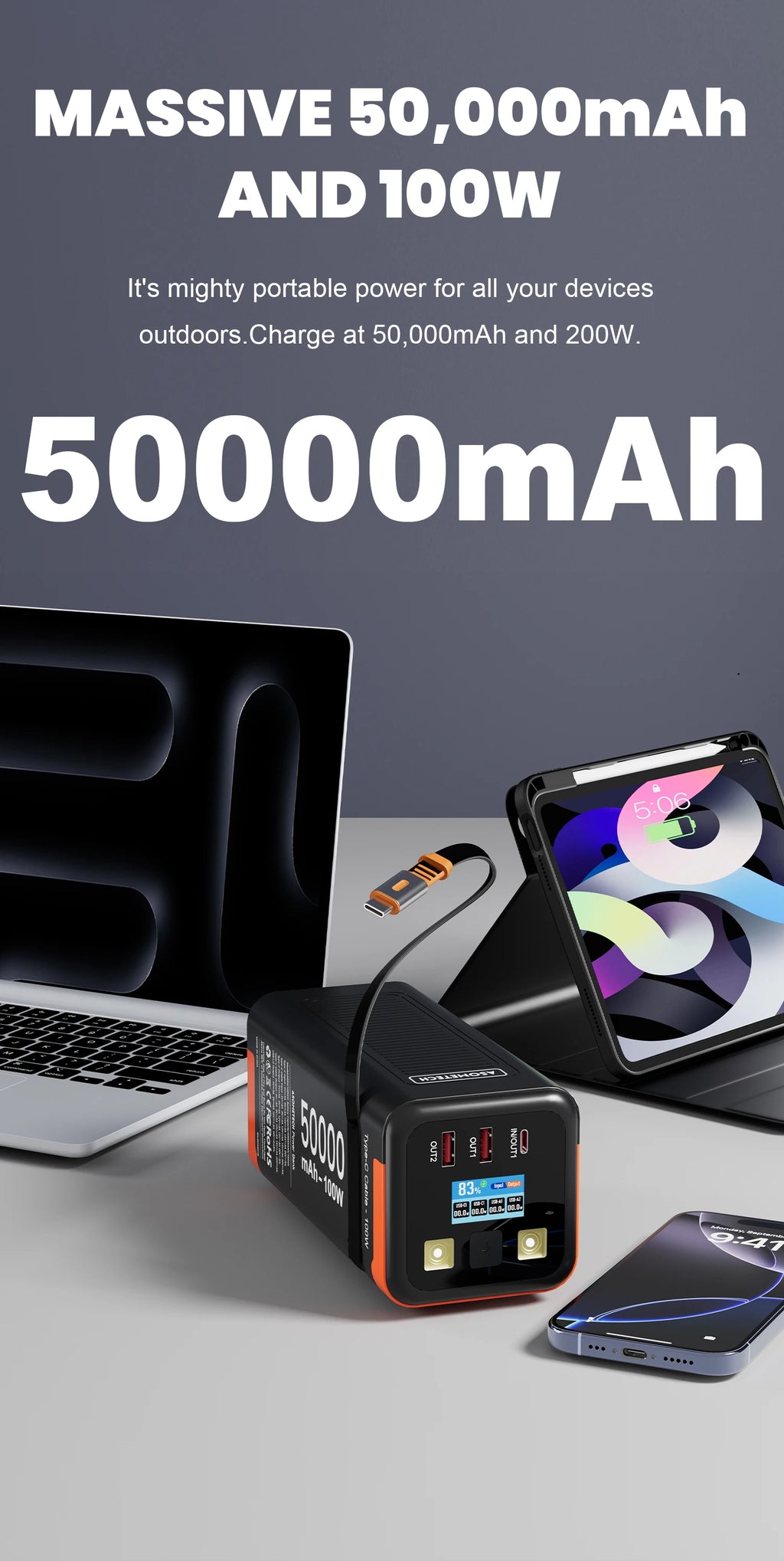 Black and orange 50,000mAh fast-charging power bank with digital display, multi-port output, and integrated cable.