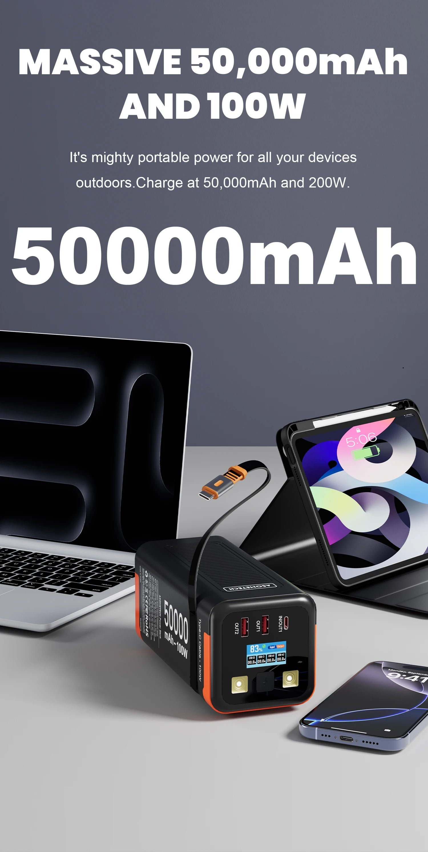 Black and orange 50,000mAh fast-charging power bank with digital display, multi-port output, and integrated cable.