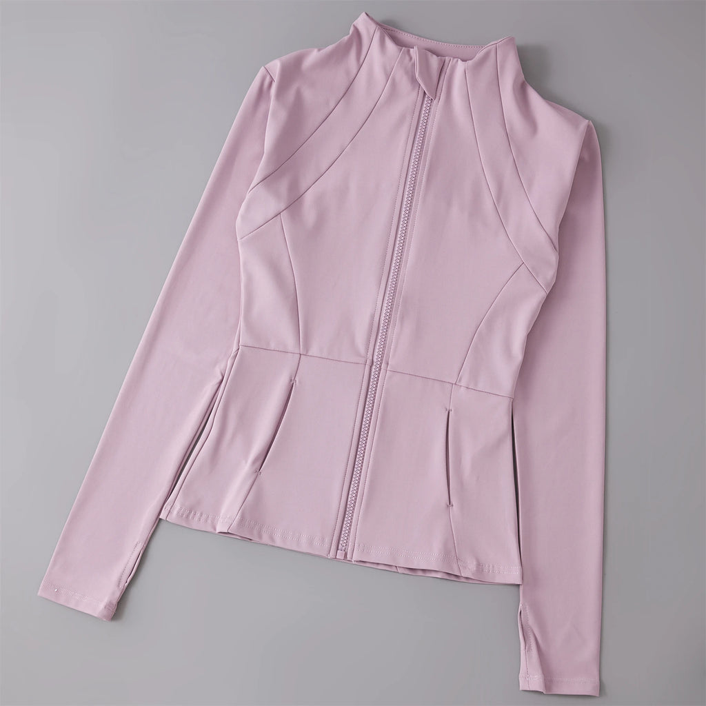 Dusty pink long-sleeve sports jacket with a high collar, full-length zip, and tailored seam detailing.