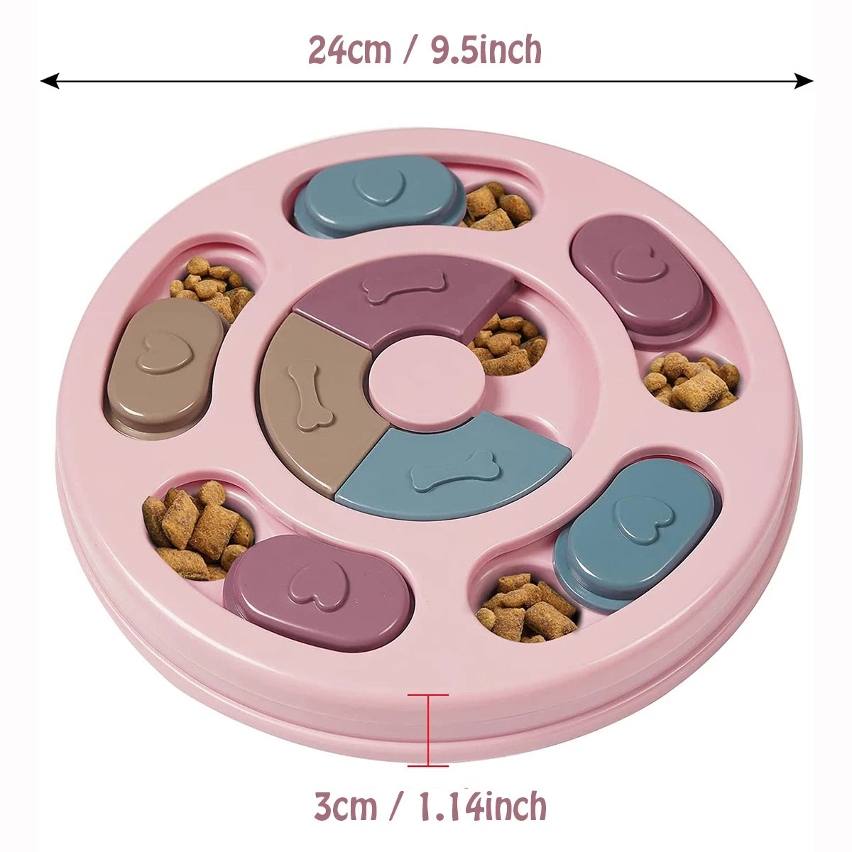 Round pink 24cm dog puzzle feeder with sliding compartments and hidden treat sections to encourage slower eating.