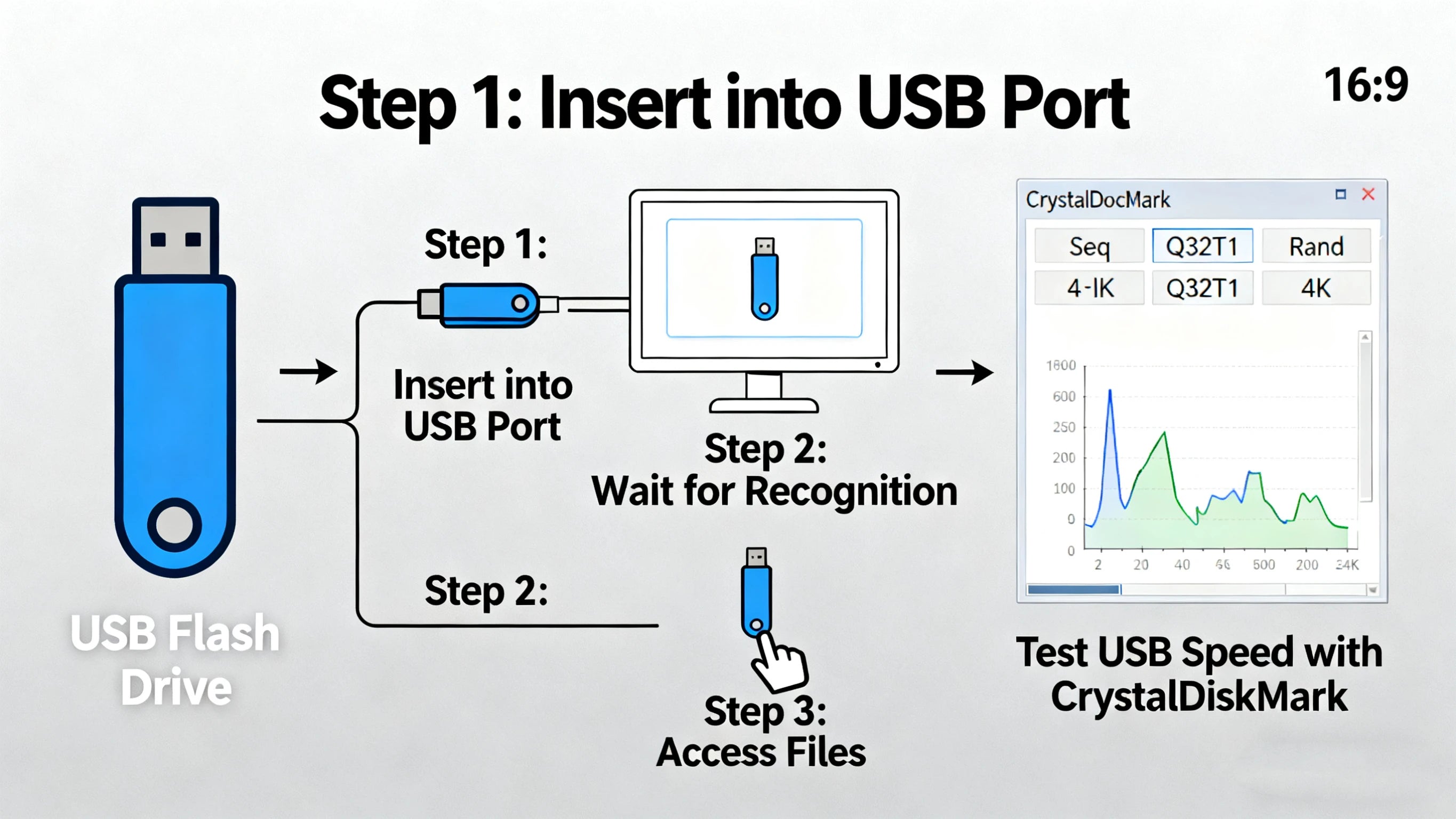 Infographic showing a blue metal USB 3.0 flash drive being inserted into a computer to test its high-speed performance.