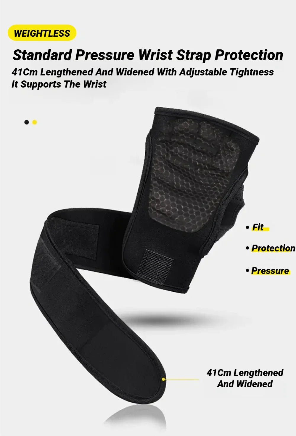 Black, adjustable, 41cm-long wrist support strap with a textured grip panel and touch-fasten closures.