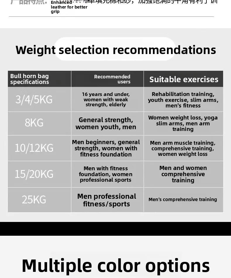 A weight selection guide table for a Bulgarian training bag, detailing weight options, user types, and exercises.