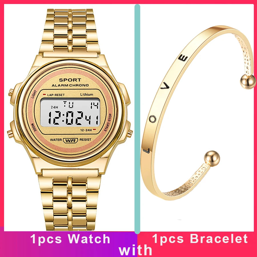Gold-tone retro digital watch with a metal link strap and a matching gold cuff bracelet engraved with the word LOVE.